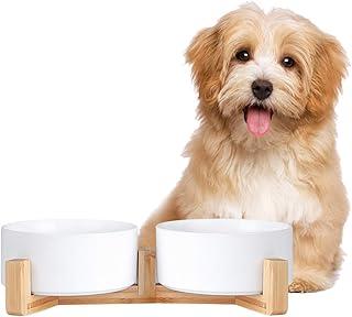 Ceramic Dog Bowl Set with Non Slip Wood Stand for Food Water Feeding